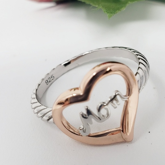 S.Silver Two Tone Rose Gold Plated Mom Heart Ring - Picture 2 of 4